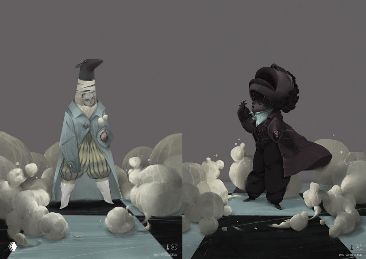 Парный кадр серии: два контрастных персонажа в проработанных костюмах на шахматной доске с атмосферными облаками.