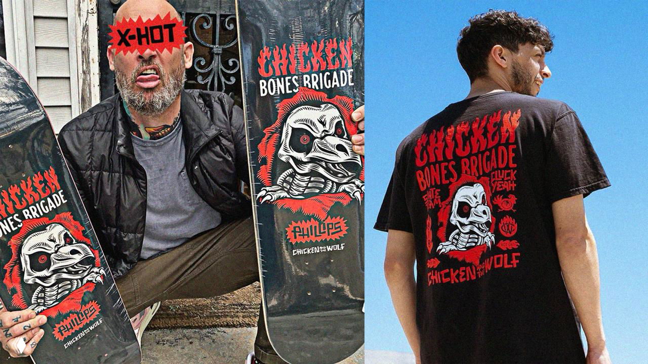 Снимки людей со скейтбордами и крупные принты на футболках — визуализация субкультурного позиционирования бренда в реальном использовании.