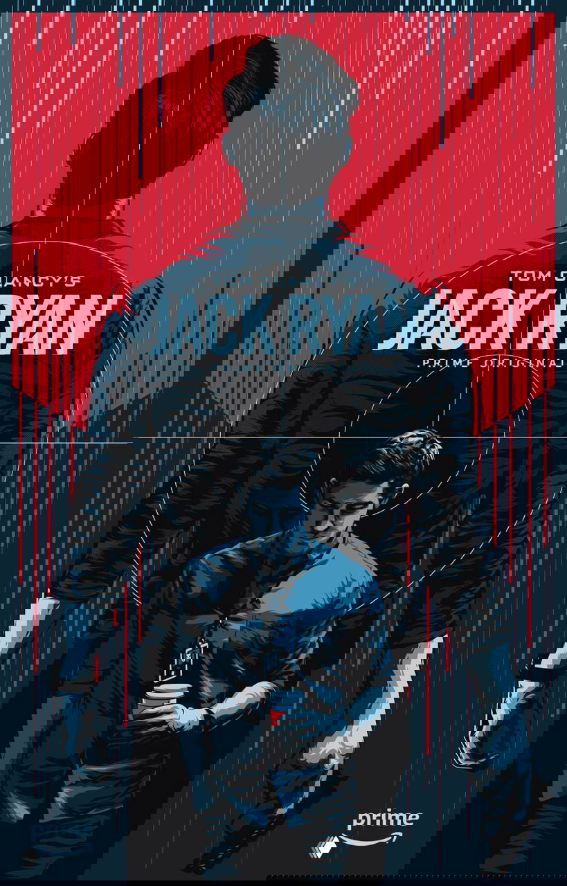 Контрастный постер «Jack Ryan» в красно-синей гамме, силуэты персонажей на переднем и заднем плане и графические прицельные круги, киношный стиль.