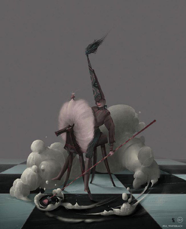 Иллюстрация одного персонажа в высоком колпаке, стоящего на тонких ногах на шахматной поверхности, с пушистыми деталями и дымом.