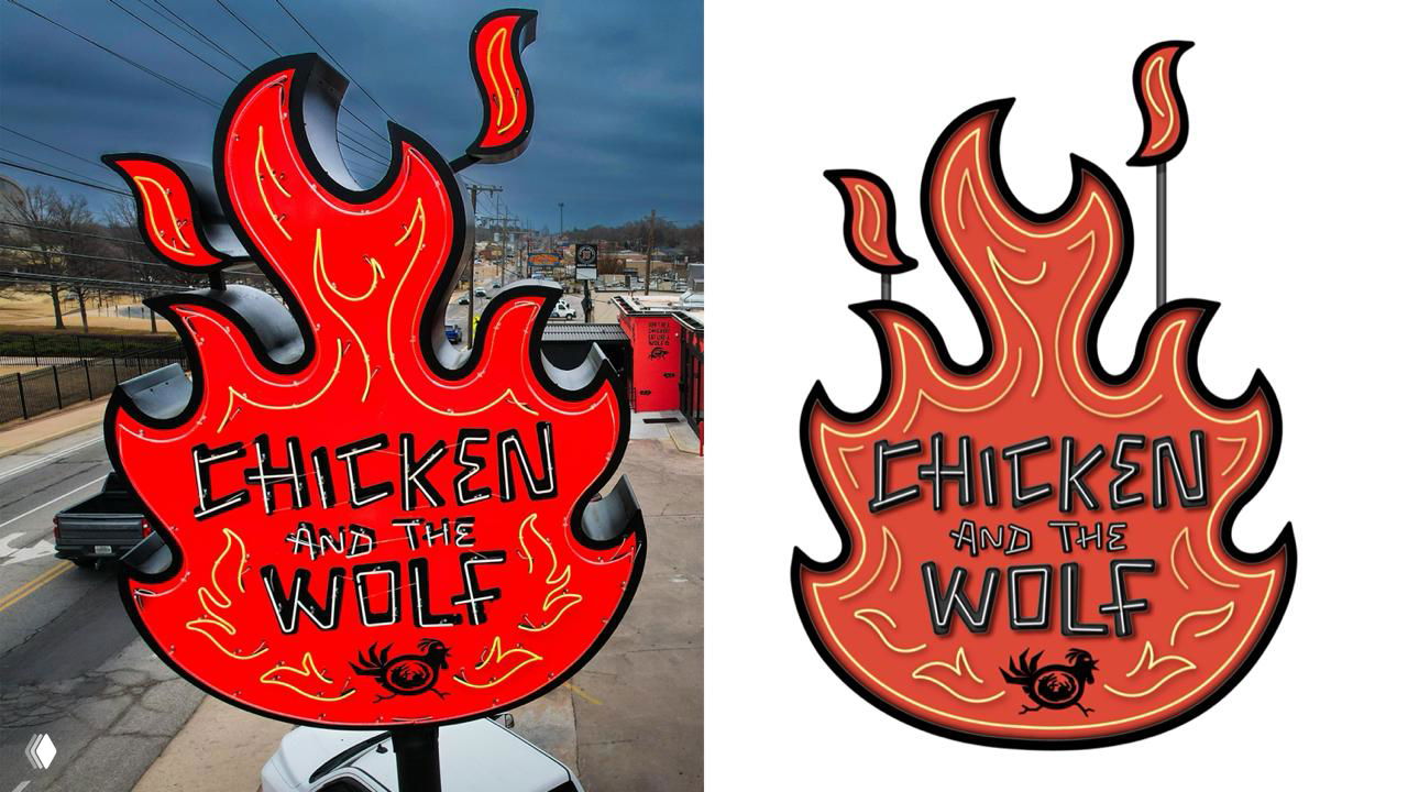Фотография уличной неоновой вывески в виде пламени рядом с векторным вариантом логотипа — сравнение реальной вывески и бренд‑графики.