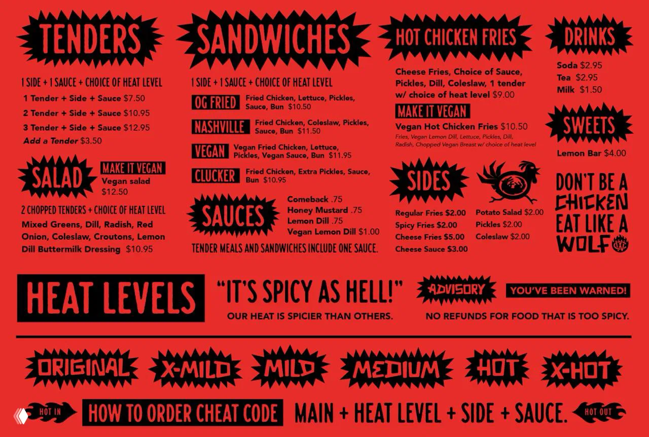 Меню ресторана в красно‑чёрной палитре с уровнями остроты и выразительным леттерингом, демонстрация системной типографики и иконки бренда.