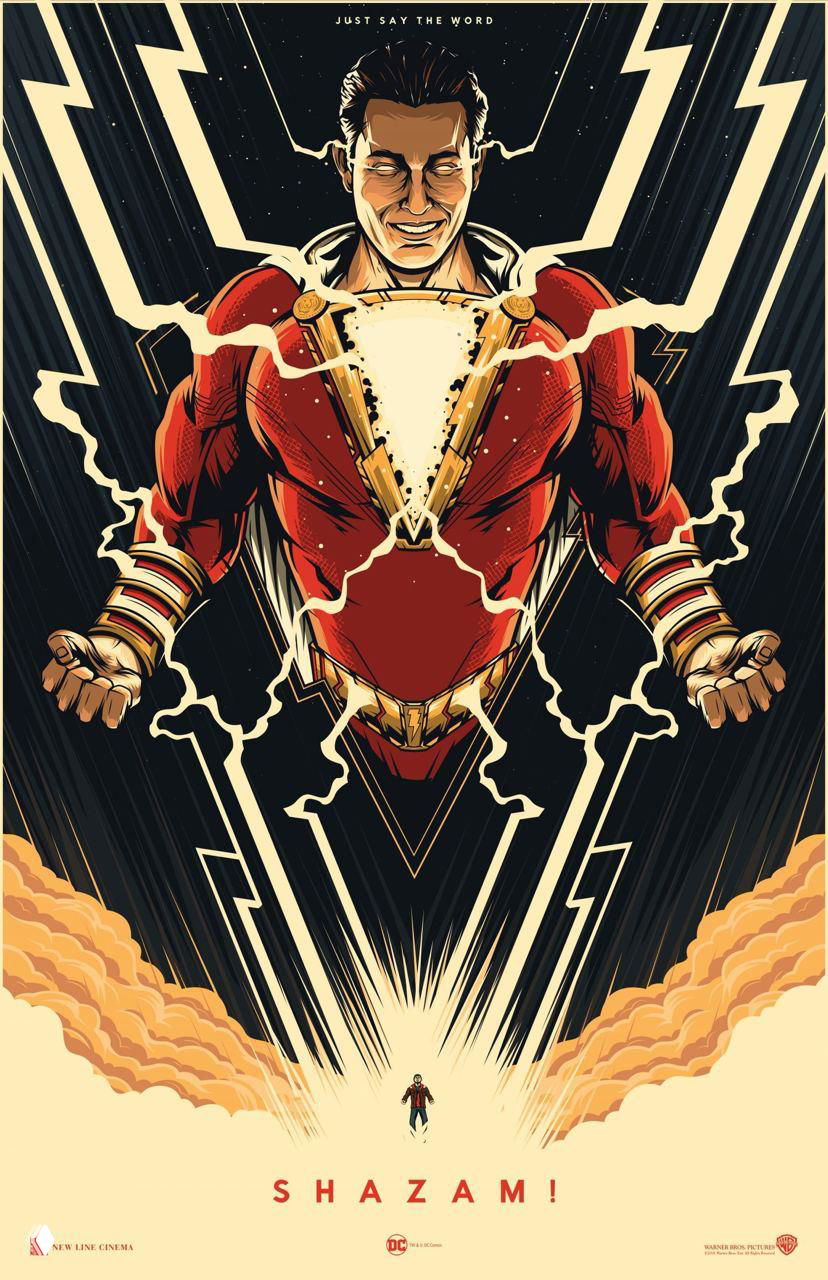 Плакат в стиле супергероики «Shazam!» с возвышающейся фигурой, молниями и ретро-комиксной текстурой, яркий контраст и композиционное движение.