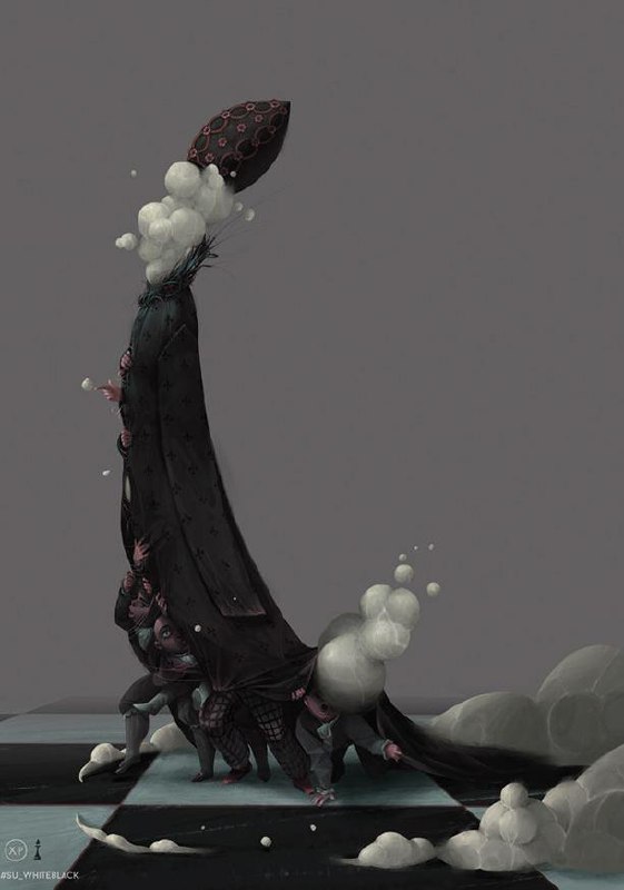 Драматический тёмный фрагмент с вытянутым текстурным элементом и облачной динамикой, контрастирующий с шахматной поверхностью.