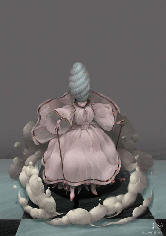 Пышная фигура в розовом платье с высокой причёской, окружённая завихрениями дыма на фоне шахматной доски, театральная композиция.