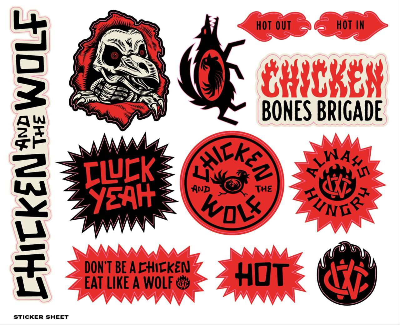 Лист стикеров и графических элементов бренда: эмблемы, слоганы и значки, используемые для мерча и промо‑материалов ресторана.