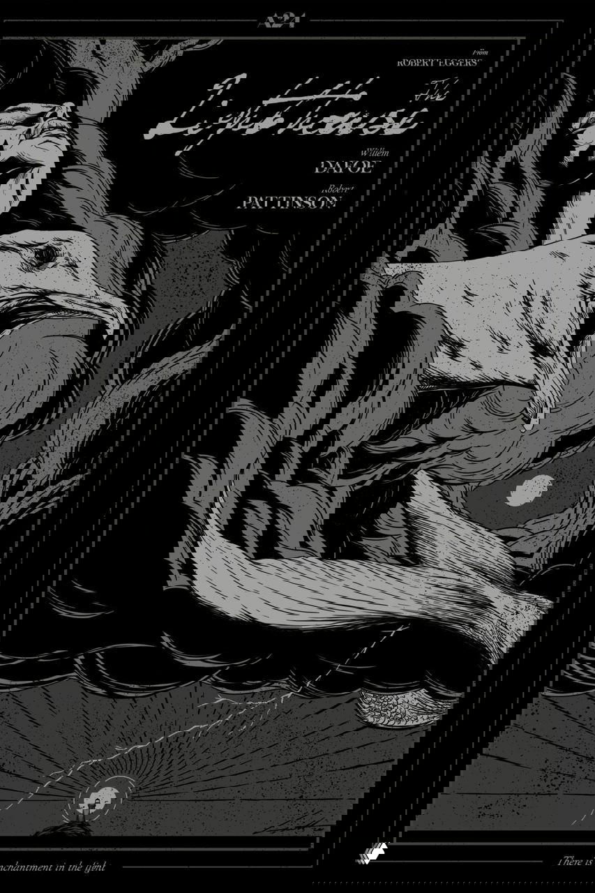 Чёрно-белый графичный постер «The Lighthouse» с орнитоморфным образом и плотной линейной штриховкой, контрастная монохромная иллюстрация в ретро-стиле.