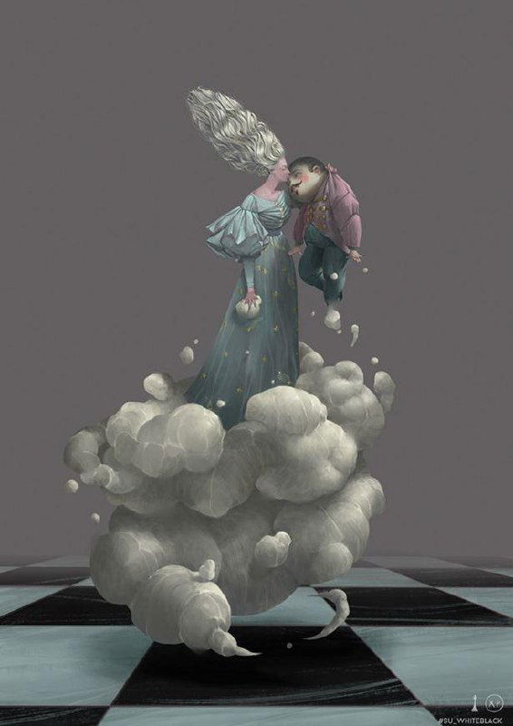 Абстрактные текстурные облачные формы в движении, множащие слои и создающие эффект глубины и пиксельной текстуры над шахматной плоскостью.