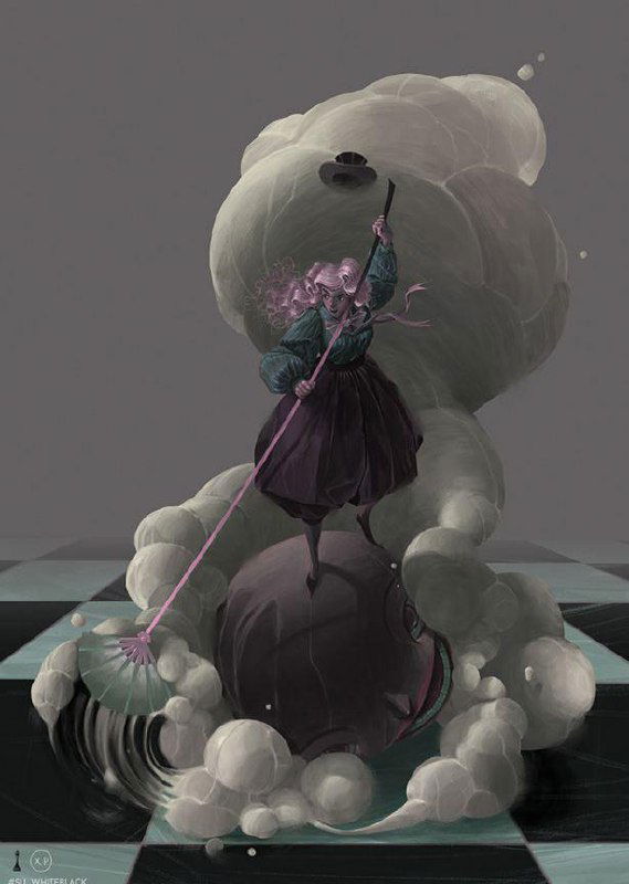 Пара персонажей на троне: тёмный и светлый персонажи, сидящие на возвышениях и окружённые мягкими облаками на шахматной доске.