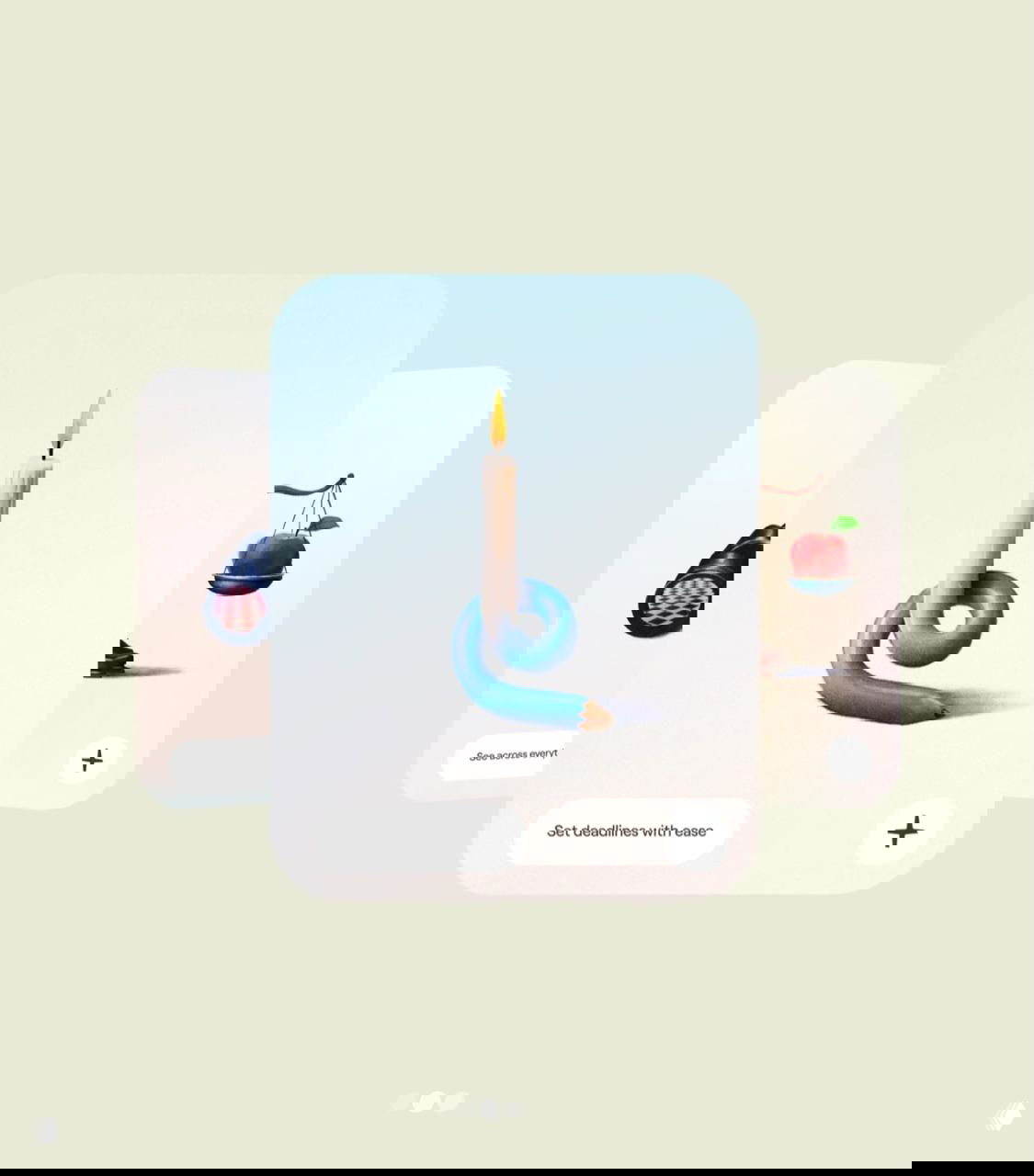 Набор карточных иллюстраций с объёмными, тактильными элементами: свеча‑карандаш, весы и другие метафоричные объекты, отличающиеся нежной палитрой и текстурой.