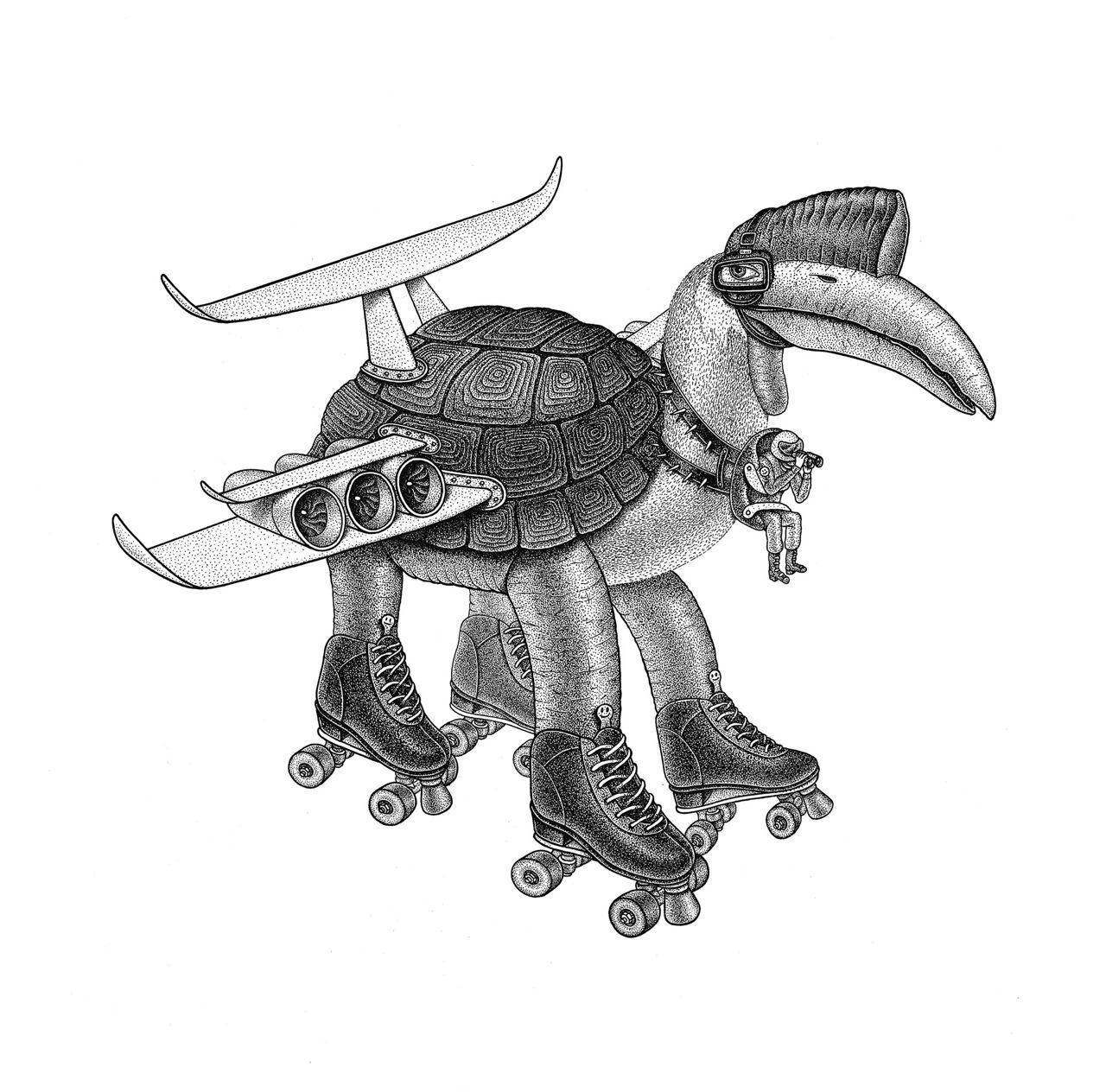 Атласная иллюстрация: черепаха с крыльями и роликовыми коньками, выполненная в чёрно‑белой ручной графике с тщательной проработкой текстур и линий.