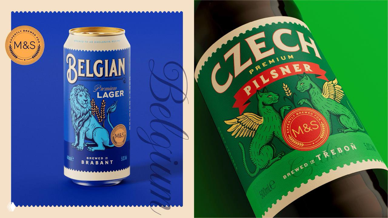 Крупный план банки Belgian и этикетки Czech: детализированные иллюстрации животных, печатная типографика и винтажные декоративные элементы в оформлении.