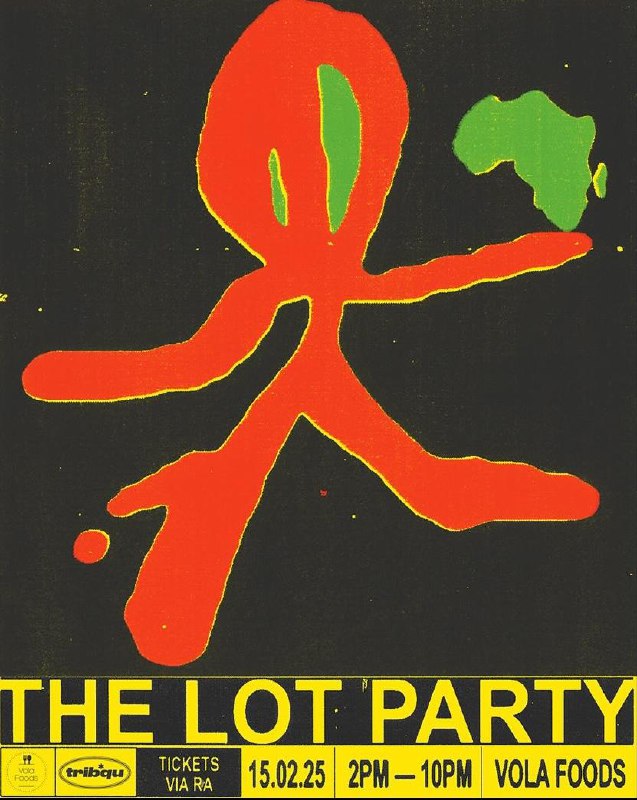 Темный фон с красной живой фигурой и желтой полосой внизу «THE LOT PARTY» — сочетание фотографий и нарисованных элементов с текстурой скана.