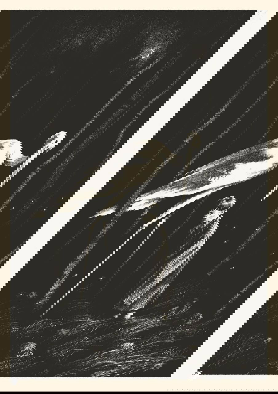 Чёрно-белая мистическая иллюстрация: большой цапляобразный персонаж рядом с ребёнком в лесу при лунном свете, драматическая сцена.