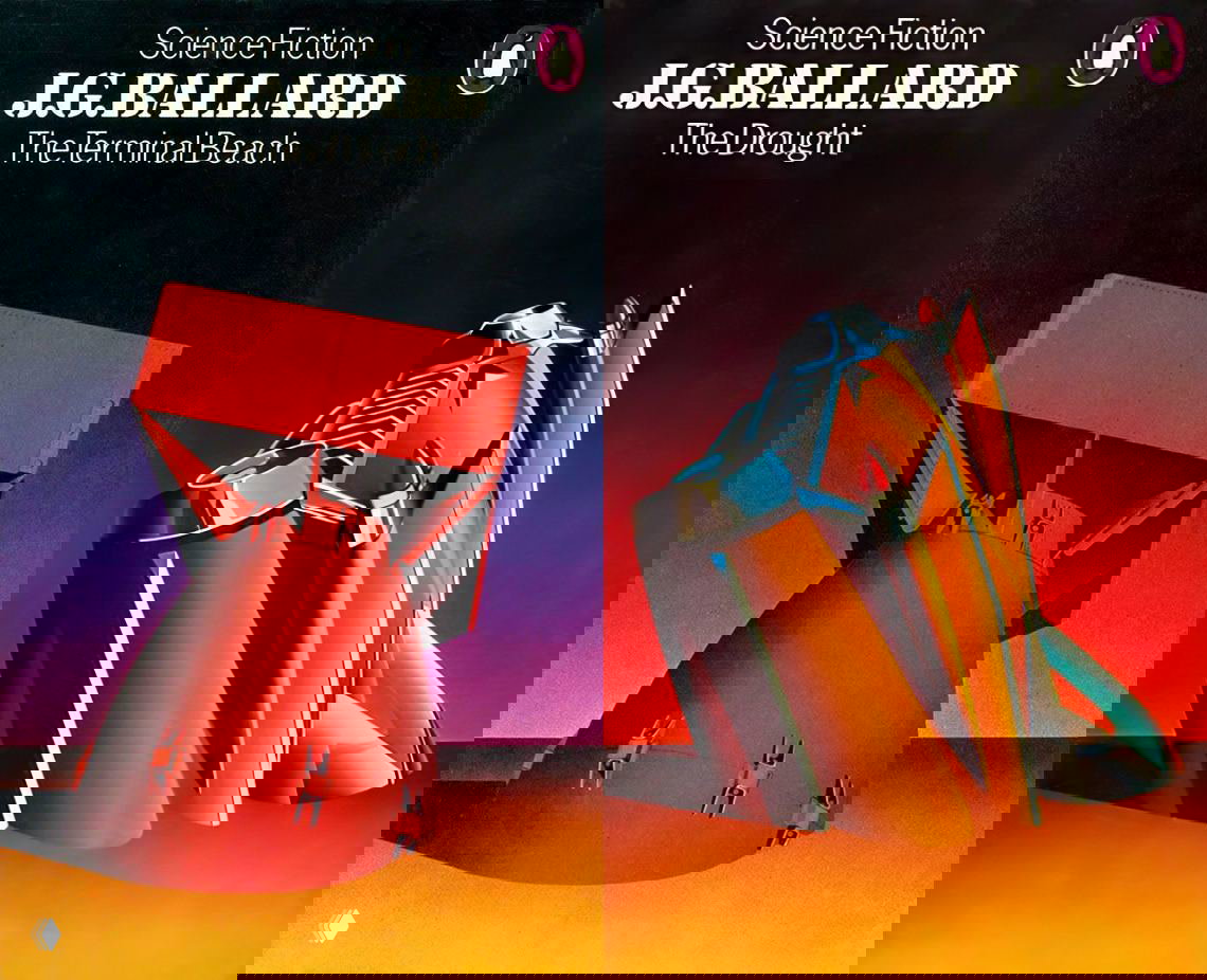 Пара обложек J.G. Ballard: «The Terminal Beach» и «The Drought» с яркими геометрическими и абстрактными формами в градиенте.