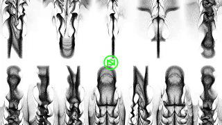 Крупный план генеративной графики: абстрактные вертикальные струящиеся формы и частицоподобные структуры в чёрно‑белой палитре, близкое рассмотрение эффекта.