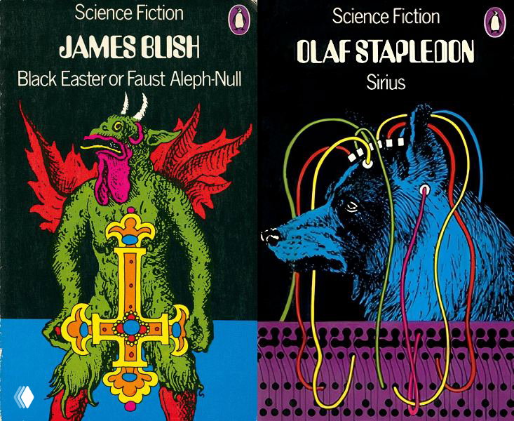 Две небольшие обложки: James Blish с фантастическим существом и Olaf Stapledon «Sirius» с изображением собаки и проводов.