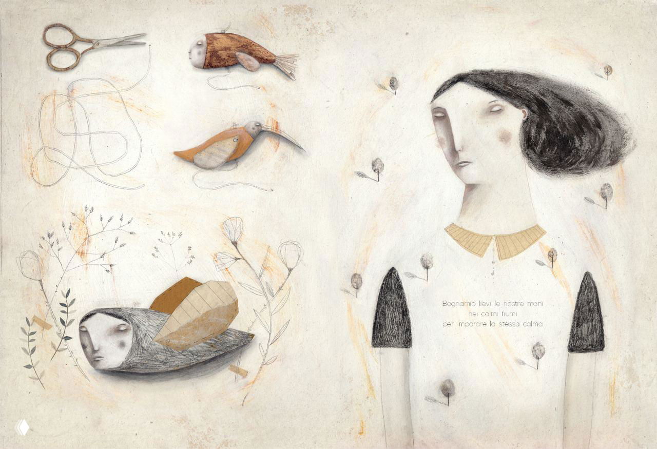 Двухстраничная иллюстрация с персонажами, птицами и растительными мотивами; мягкий карандашный штрих и бледные охристые акценты на текстурном фоне.