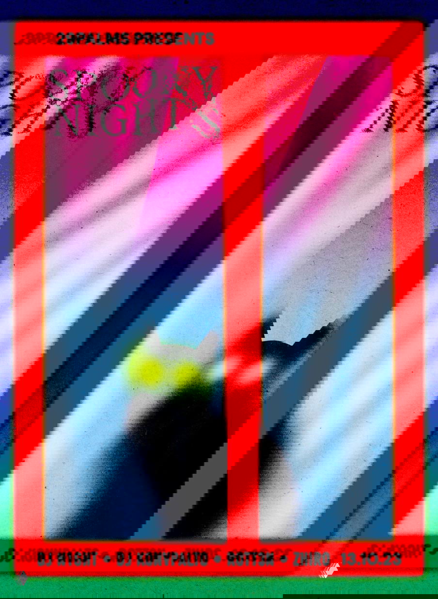 Плакат с красной рамкой и силуэтом кота у окна, неоновая палитра и зернистая текстура, заголовок 'SPOOKY NIGHTS' вверху и список диджеев внизу.