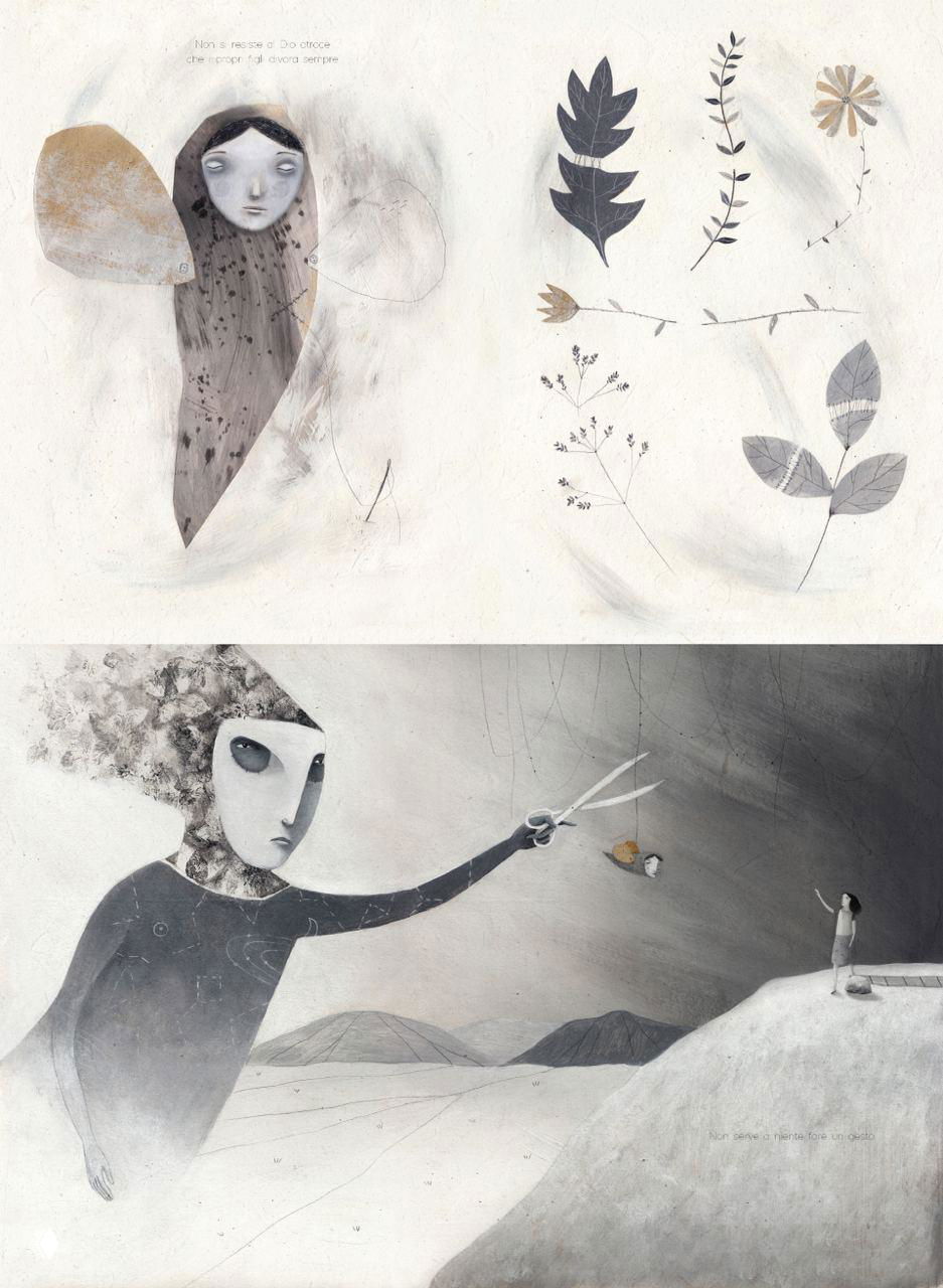 Контрастная иллюстрация в серых тонах: фигура с большими ножницами на фоне ландшафта и маленькая фигурка на краю холма — сюрреалистическая сцена.