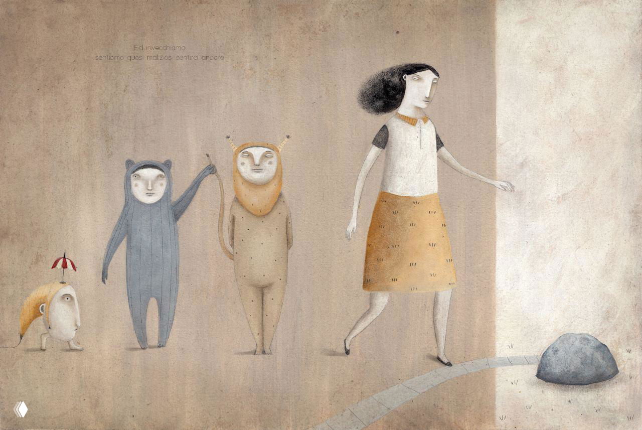 Группа антропоморфных персонажей и девушка, идущая по светлому фону; гладкие текстуры и тонкая штриховка создают атмосферу детской книжной иллюстрации.