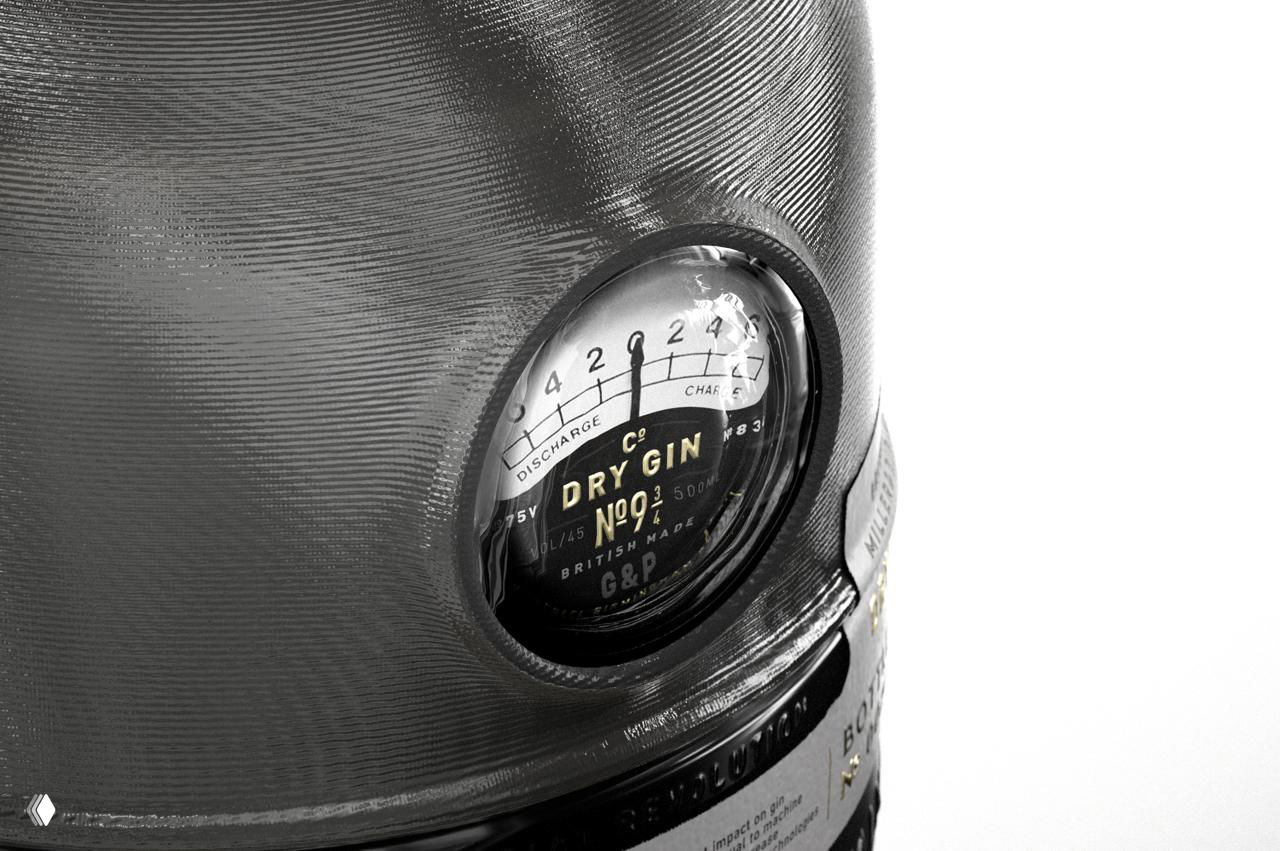 Чёрно-белый крупный план манометра в корпусе бутылки: видна маркировка «DRY GIN No9» и рифлёная текстура, подчёркивающая 3D-печатный слой.