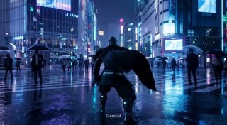 Сцена Genie 3: киберпанк-город ночью, фигура в плаще на набережной, неоновый свет и мокрый асфальт, атмосферная нео-нуар генерация