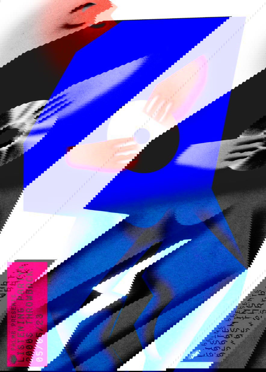 Иллюстративный постер с синими геометрическими формами и фигурой, держащей компакт-диск; мягкая зернистая фактура и контрастные цветовые заливки.