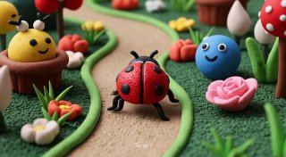 Сцена Genie 3: макетная игрушечная дорожка с божьей коровкой и яркими цветочными элементами, пластилиновая детализированная модель