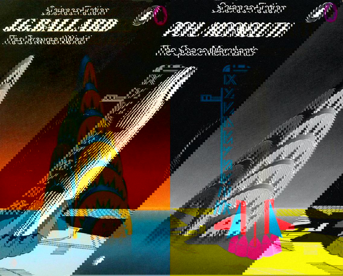 Ещё пара обложек: слева — органическая башня на фоне заката, справа — ракета и промышленные мотивы в контрастных цветах.