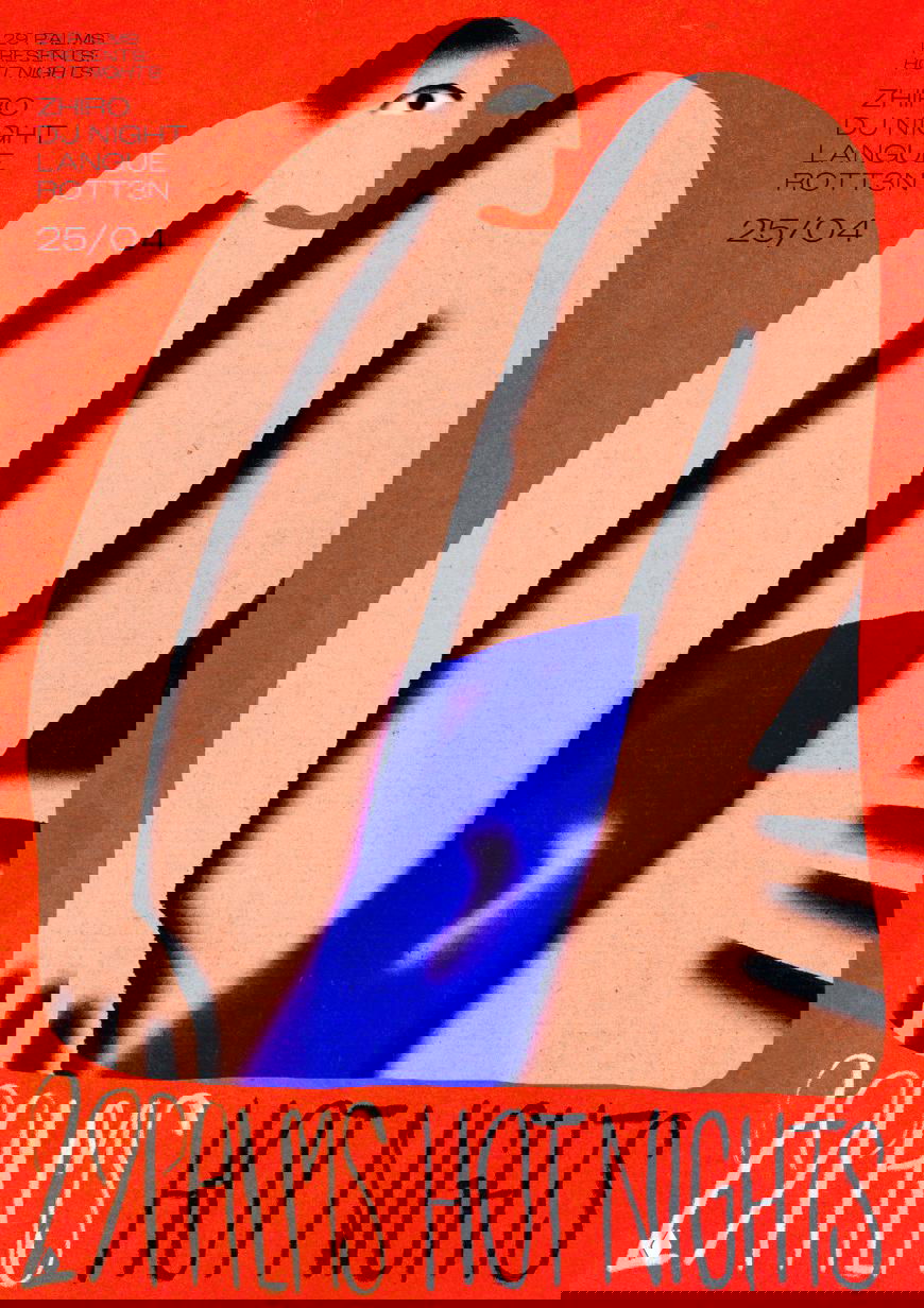 Плакат с фигурой в пастельных тонах на фоне белого, минималистичная композиция с рельефной текстурой бумаги и акцентом на форме тела и синем элементе.