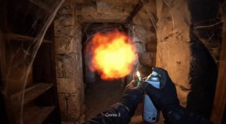 Сцена Genie 3: вид от первого лица с выстрелом и огненной вспышкой в каменном коридоре, динамичная игровая сцена без графического насилия