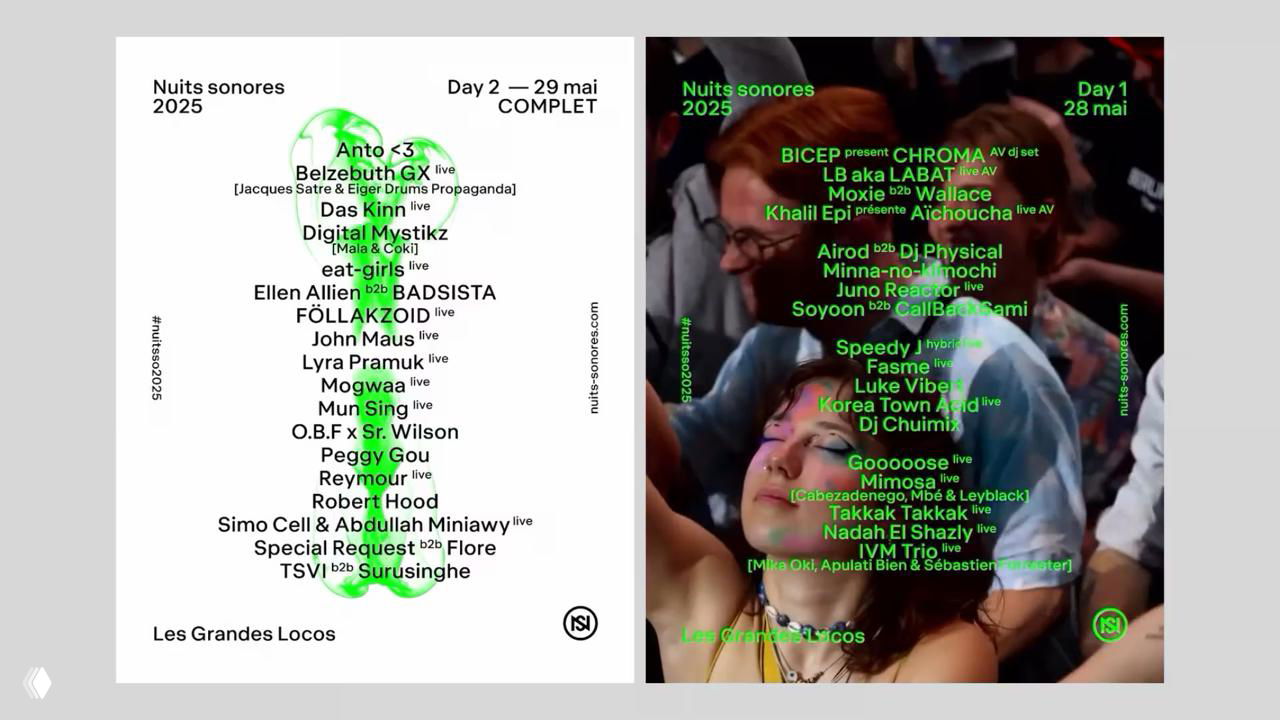 Разворот программы и фотография толпы с зелёным типографским слоем: белый фон, список артистов и неоновый зелёный текст поверх живой сцены фестиваля.