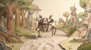 Сцена Genie 3: акварельный иллюстрированный пейзаж с шагающим механическим существом на тропе, стилизованный художественный мир