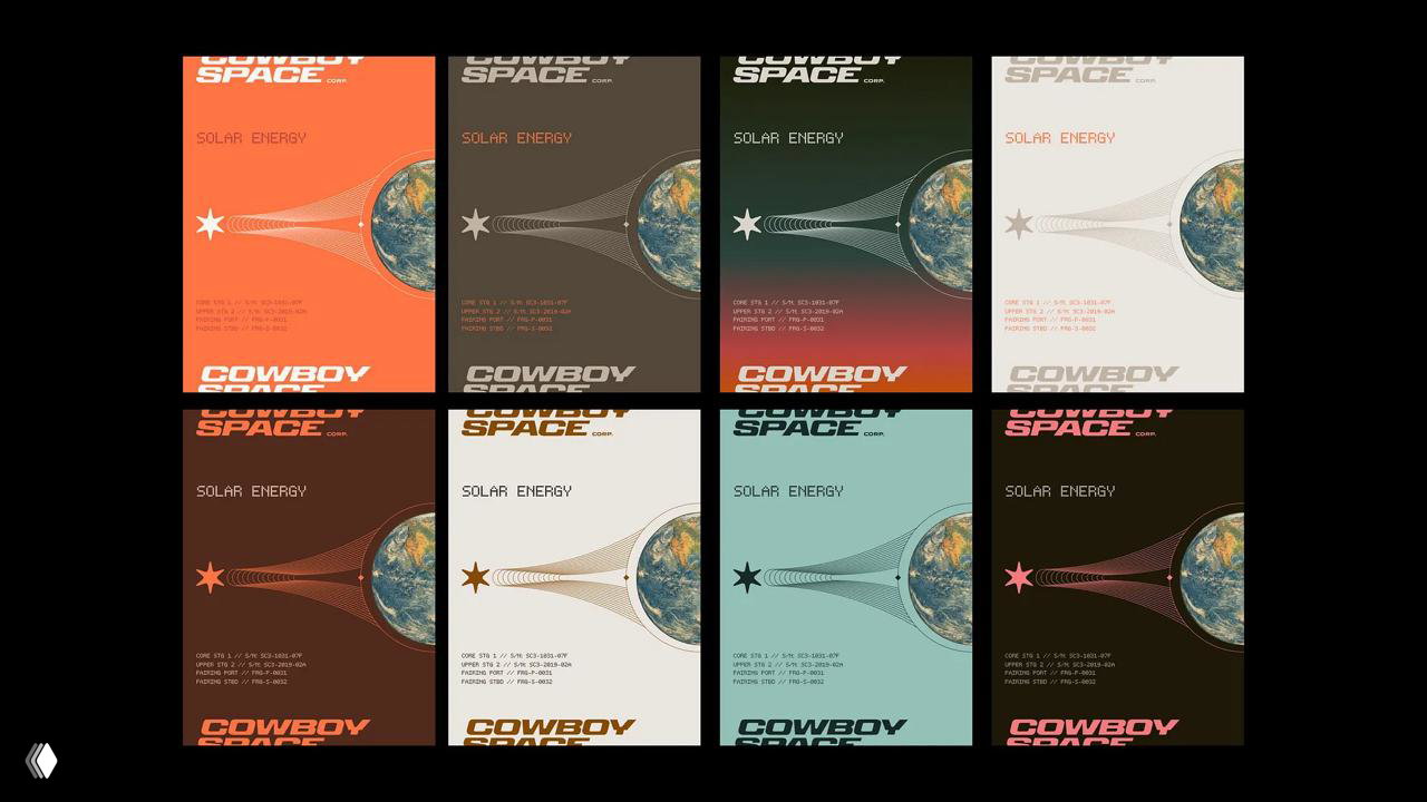 Сетка постеров Cowboy Space в восьми цветовых вариантах: графические плакаты с изображением Земли, звездным символом и ретро‑палитрой вестерн‑оттенков.