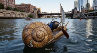 Сцена Genie 3: огромная улитка с лодкой на спине плывёт по реке в городском ландшафте, сюрреалистическая и детализированная генерация