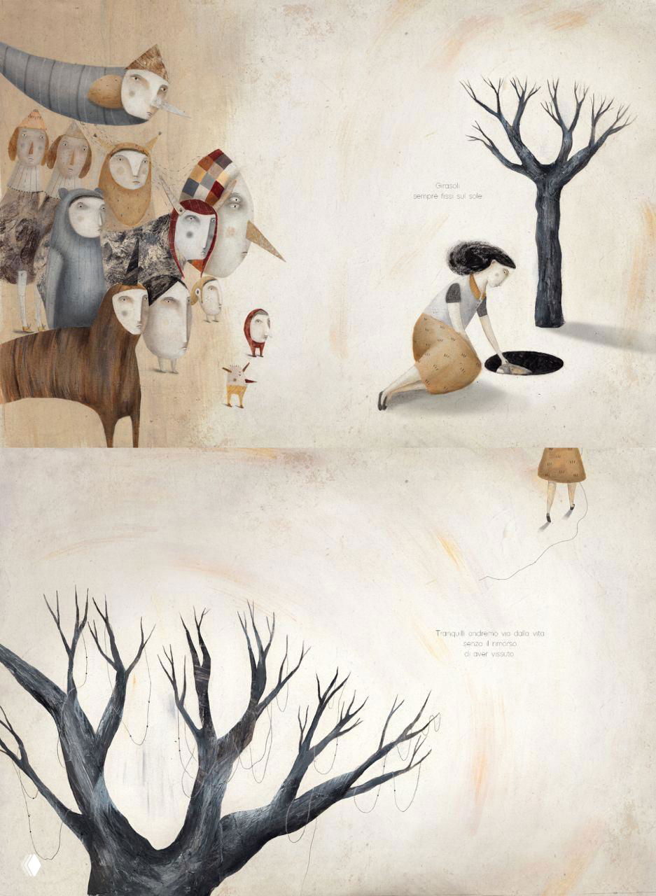 Чёрно-белые и сепийные развороты с грубыми текстурами, изображениями деревьев и фигур, передающими атмосферу сказочной, слегка мрачной истории.