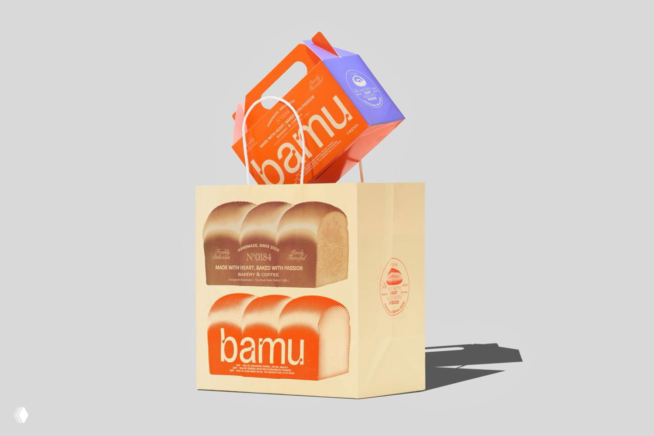 Креативная коробка и бумажный пакет Bamu: оранжевый и бежевый тона, монохромные полутоновые иллюстрации булок и крупный логотип.
