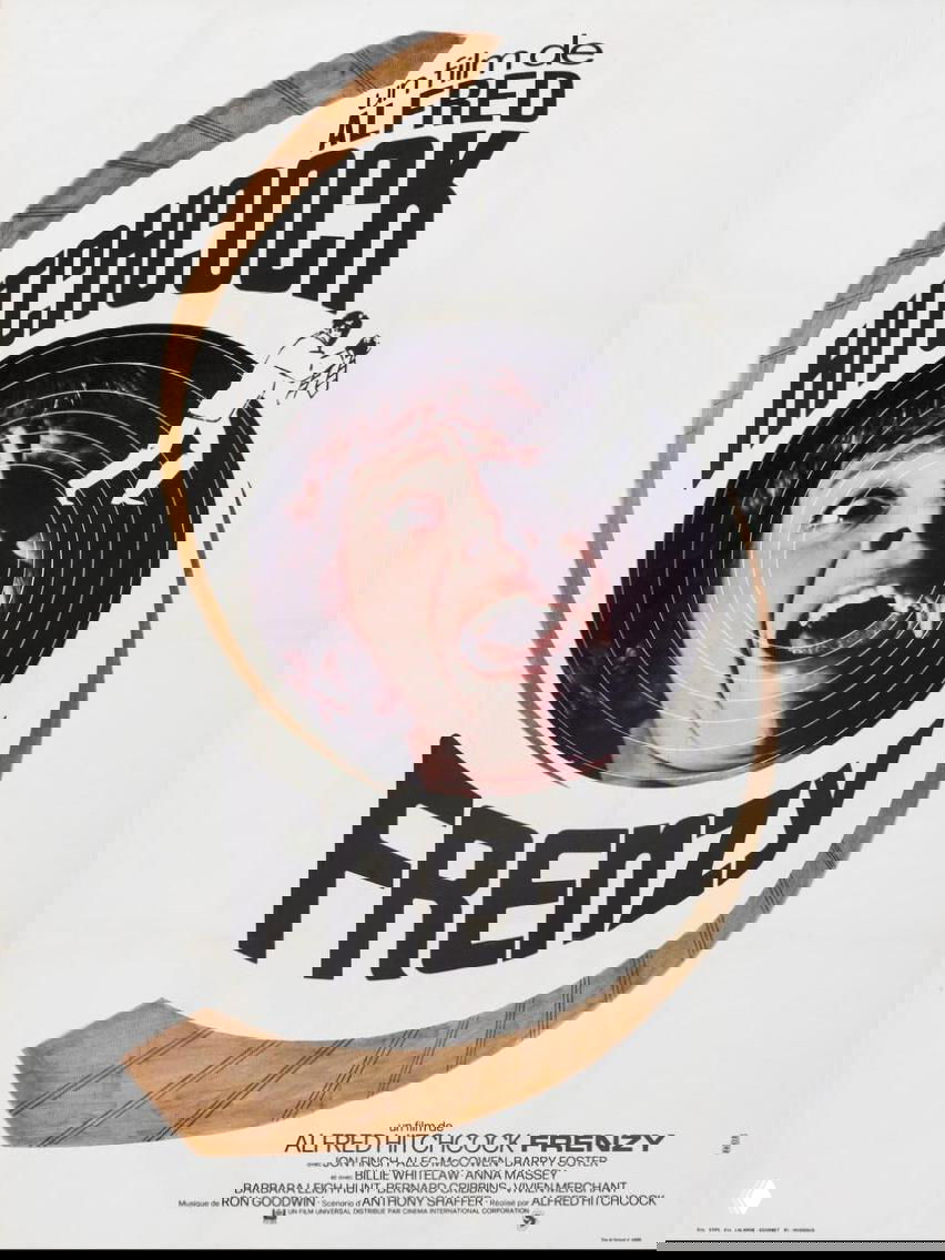 Иллюстративный постер к фильмe «Frenzy»: центральная кручёная спираль с изображением испуганного лица и динамичной типографикой в черно-бело-коричневой гамме