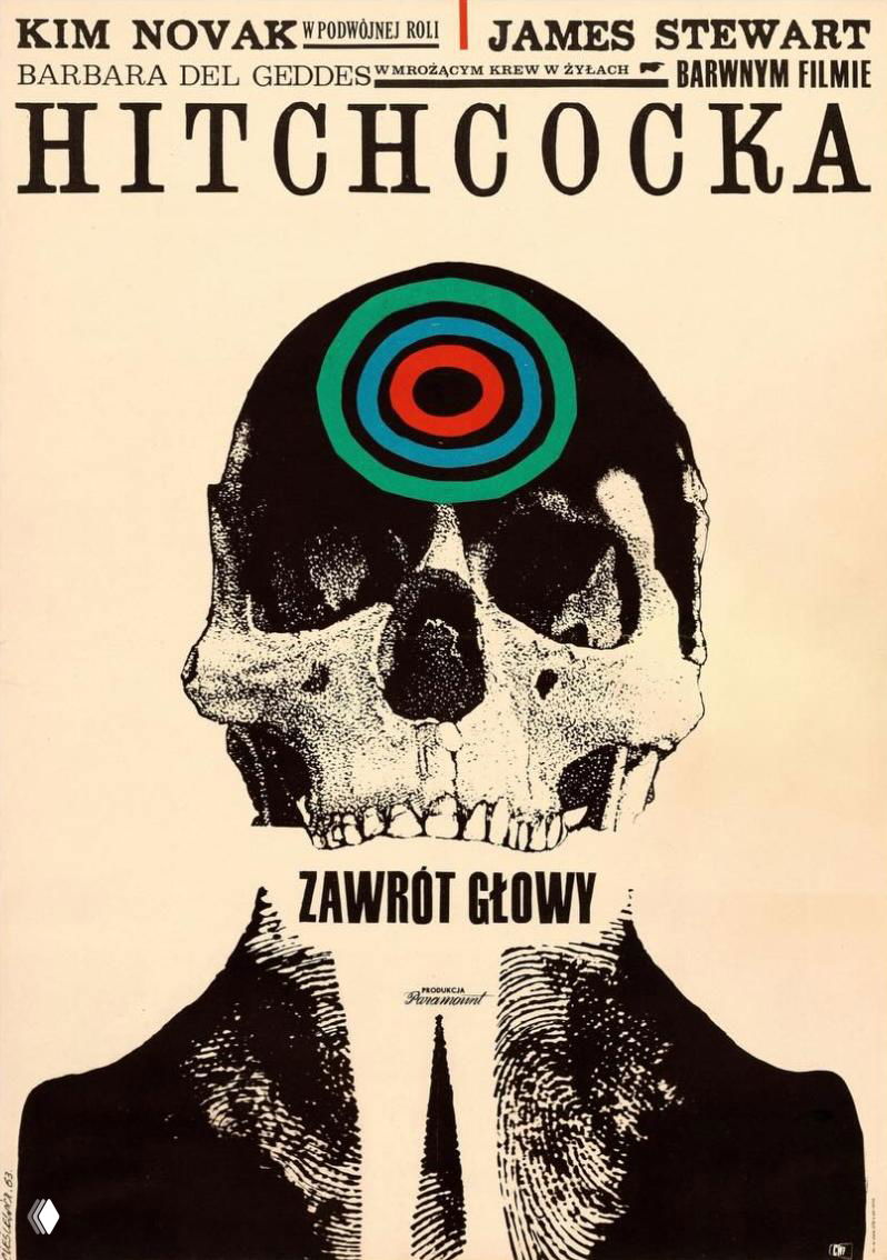 Силуэтная композиция: крупный череп в верхней части и концентрическая мишень поверх, ретро-типографика с заголовком HITCHCOCKA — смелый графический постер для триллера