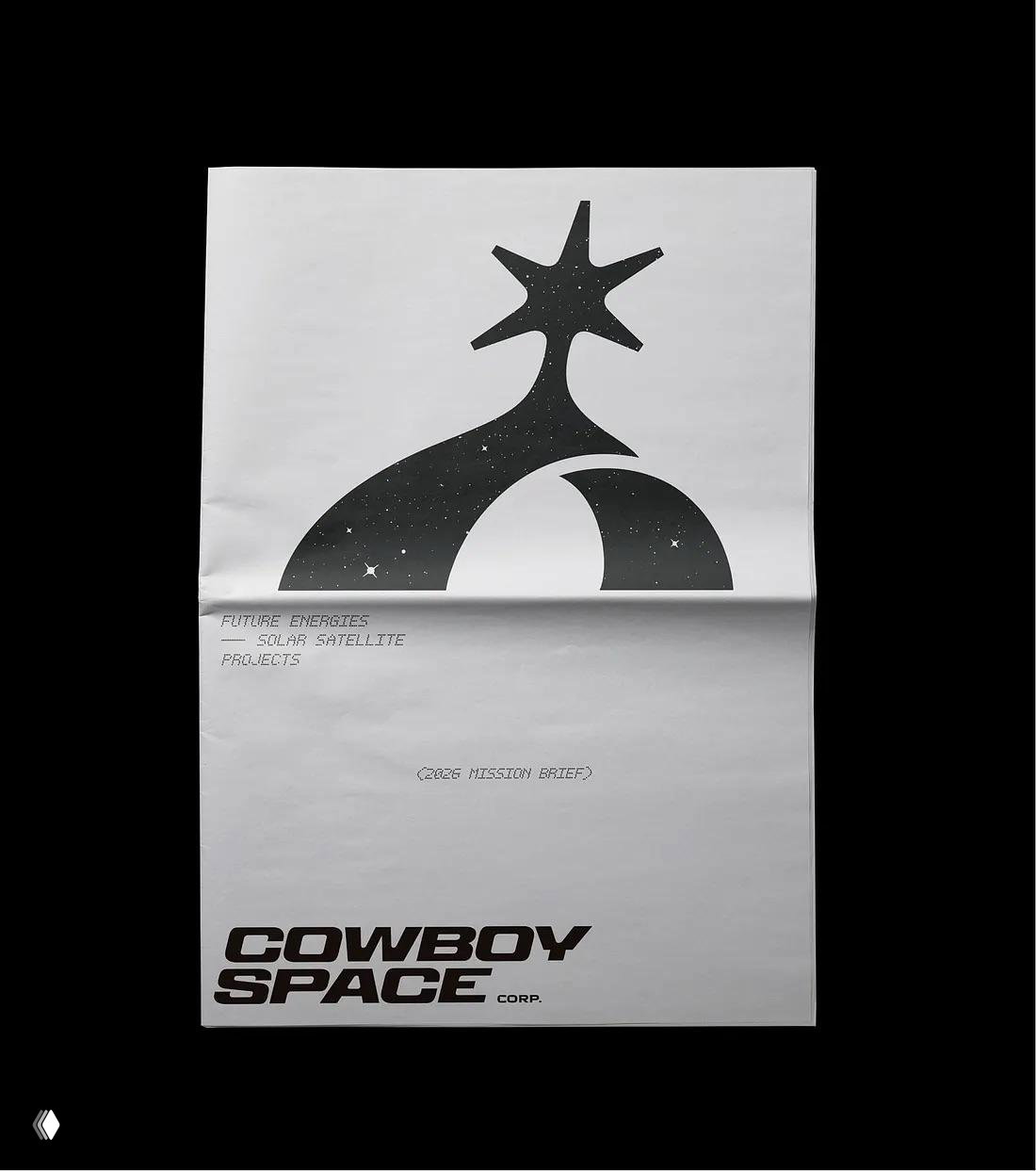 Складываемый лист формата mission brief с чёрно‑белым символом Cowboy Space: минималистичный принт, стилизованная эмблема и печатная подача проектной документации.