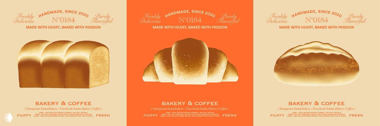 Ряд карточек с полутоновыми иллюстрациями разных видов хлебобулочных изделий, оформленных в едином стиле Bamu.