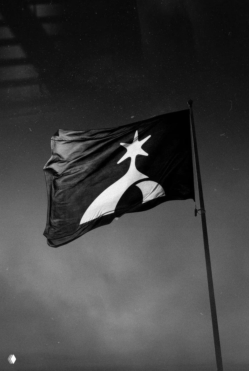 Черно‑белая фотография флага с эмблемой Cowboy Space на шесте: символ развевается на фоне неба, монохромная подача усиливает ретро‑атмосферу бренда.