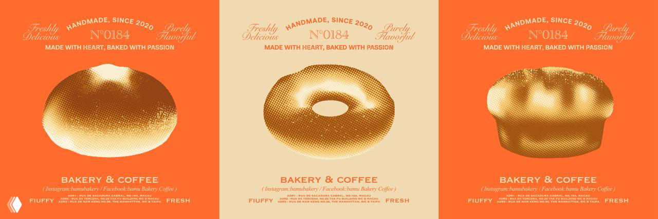 Подборка графических изображений булок в полутоне, выполненная в бежево-оранжевой гамме как часть визуальной айдентики Bamu.