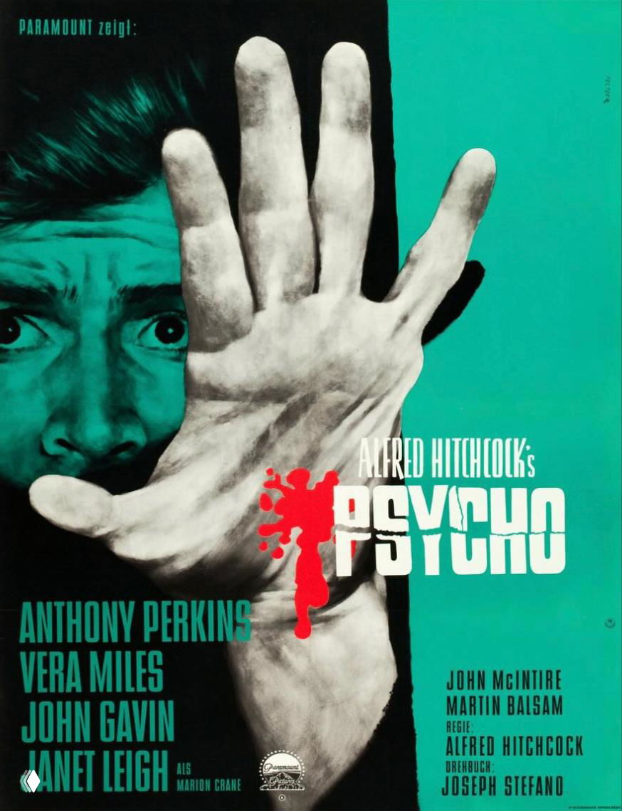 Постер с крупной рукой на переднем плане и зелёно-чёрной палитрой, кровавый графический акцент в логотипе «PSYCHO», стилизованный вариант классического плаката Хичкока