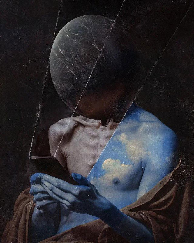 Сюрреалистическая фигура с круглой тёмной головой и небесным фрагментом на груди; сочетание классической живописи, коллажа и цифровой текстуры.
