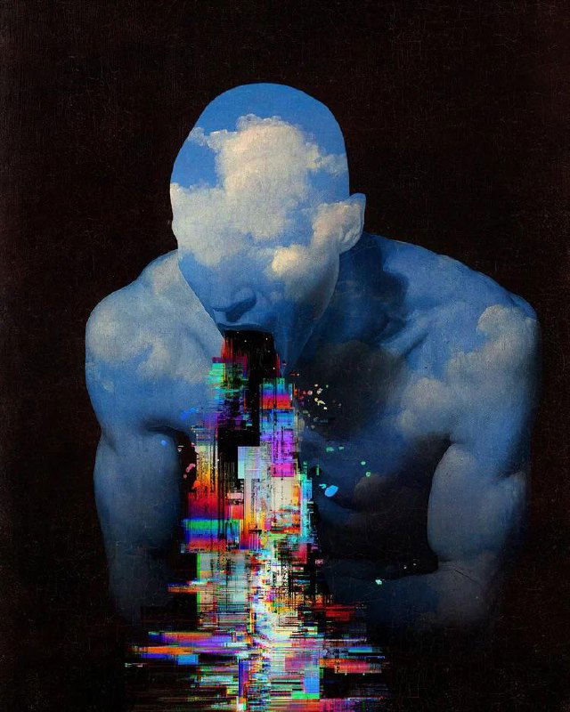 Голова-облако и мускулистый торс, изо рта выходит цветной глитч — контраст классической живописи и цифровой абстракции в коллаже.