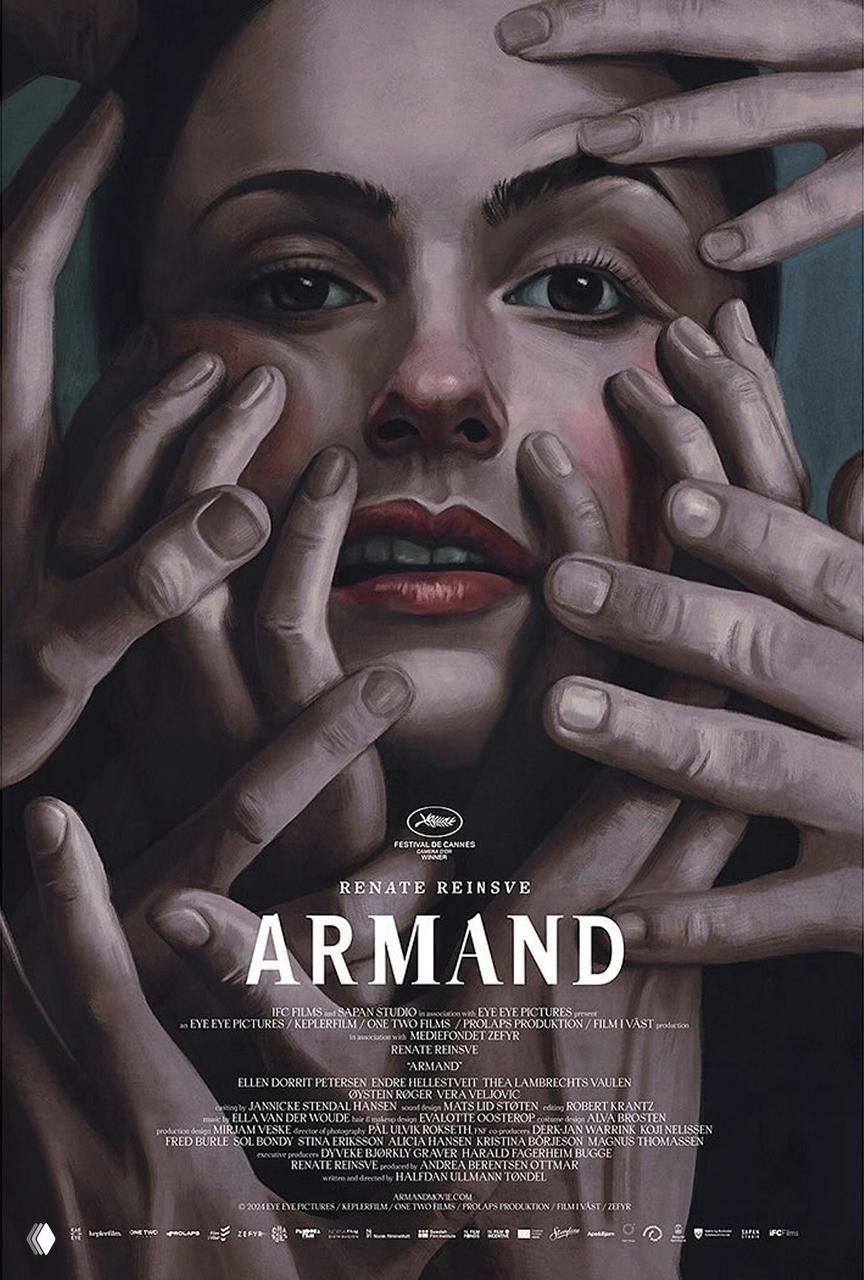 Постер «Armand»: портрет девушки в окружении множества рук, создающих ощущение удушающего контроля и психологического давления на персонажа.