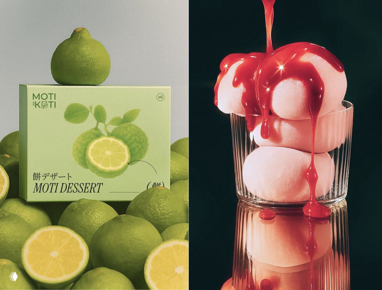 Диптих: слева зелёная коробка MOTI KOTI на фоне лаймов, справа стеклянный стакан с трёхслойными моти и переливающимся ягодным сиропом — контраст цвета и текстуры
