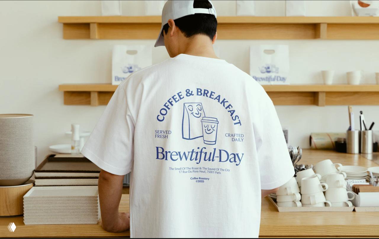 Бариста в футболке с принтом Brewtiful-Day: логотип и маскоты на мерче демонстрируют применение айдентики в одежде персонала.